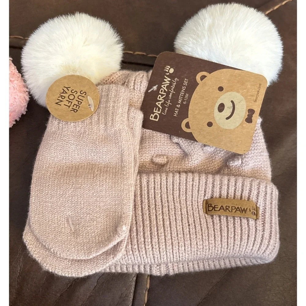 Bearpaw 6-12 Month Light Brown Knit Hat W Mittens NWT & Pink Hat 12-24mo.